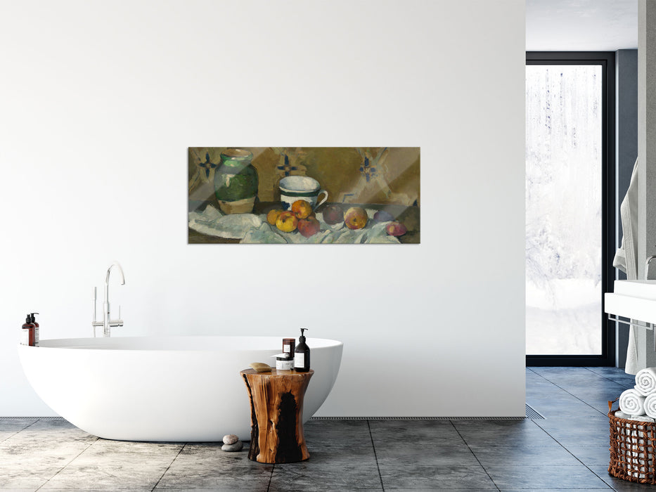 Paul Cézanne  - Stillleben mit Krug Tasse und Äpfel, Glasbild Panorama