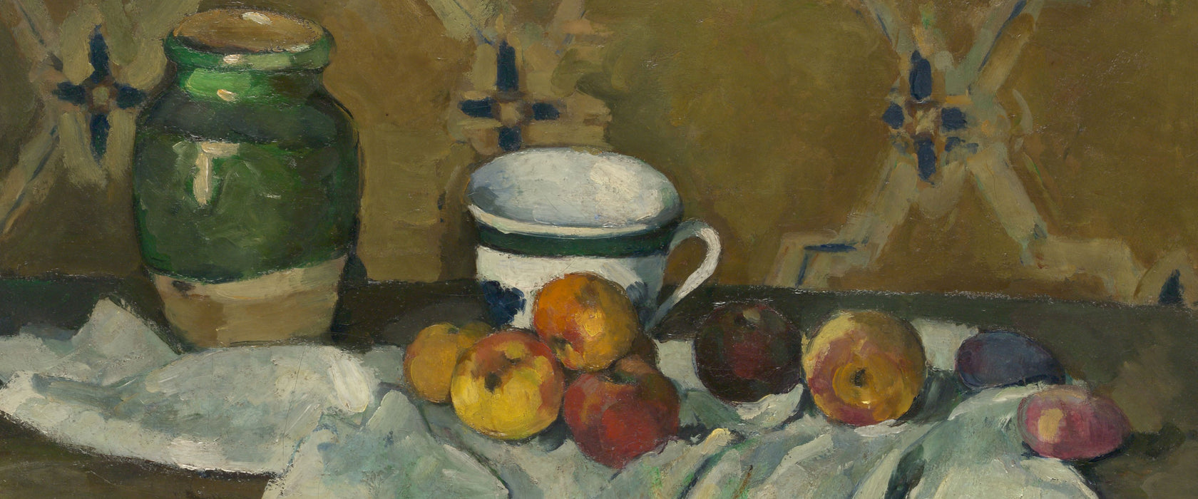 Paul Cézanne  - Stillleben mit Krug Tasse und Äpfel, Glasbild Panorama