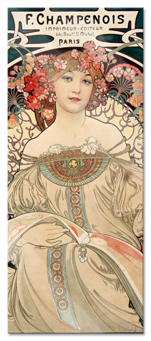 Pixxprint Alfons Mucha - Frau umringt von Blumen, Glasbild Panorama