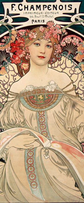 Alfons Mucha - Frau umringt von Blumen, Glasbild Panorama