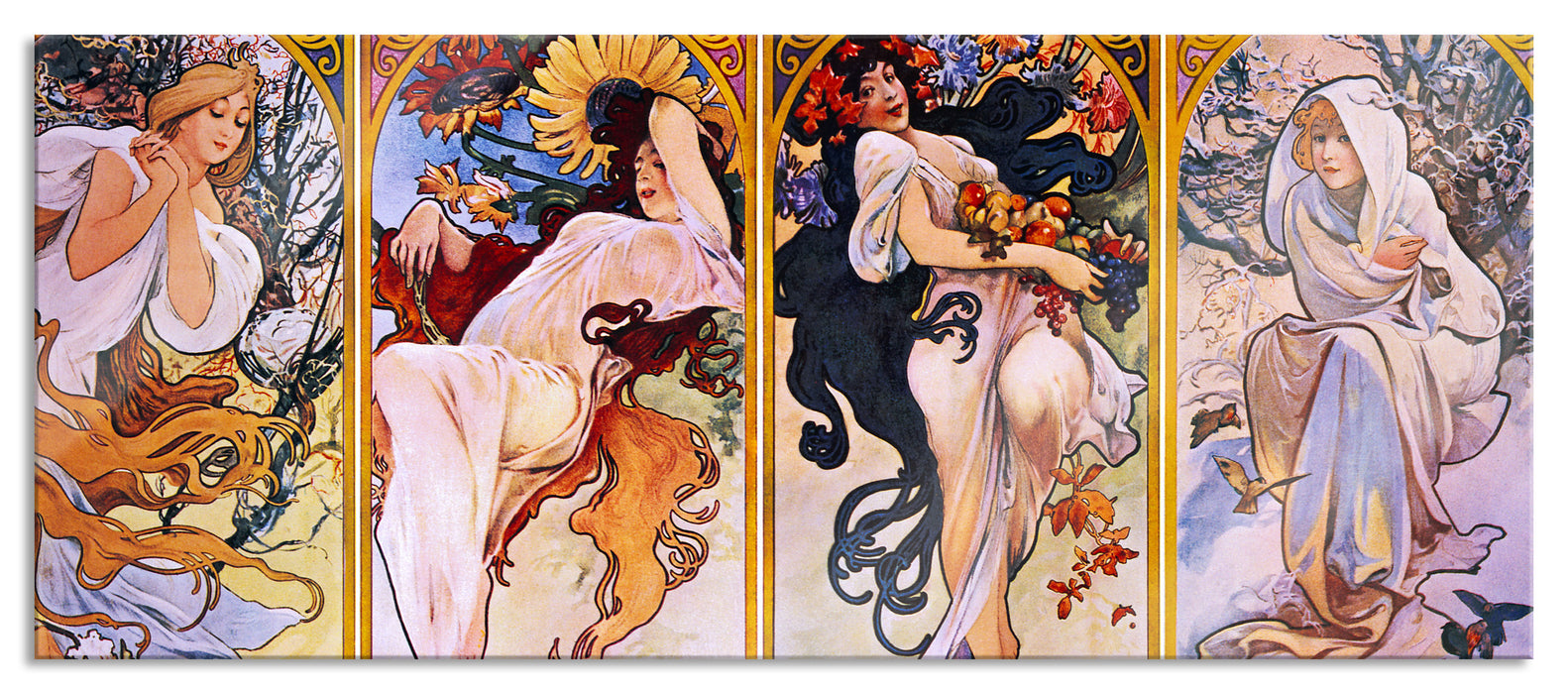 Alfons Mucha - Vier Jahreszeiten , Glasbild Panorama