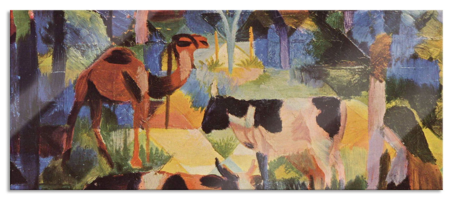 Pixxprint August Macke - Landschaft mit Kühen und Kamel, Glasbild Panorama