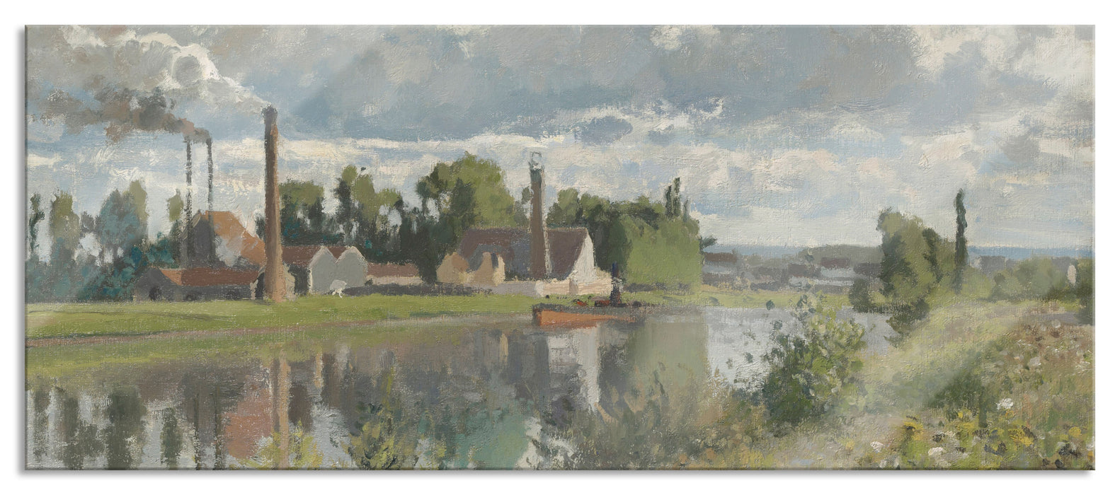 Pixxprint Camille Pissarro - Usine au bord de l'Oise Saint-Ouen L, Glasbild Panorama