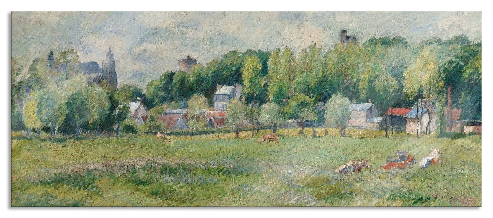 Pixxprint Camille Pissarro - PRAIRIES À GISORS , Glasbild Panorama