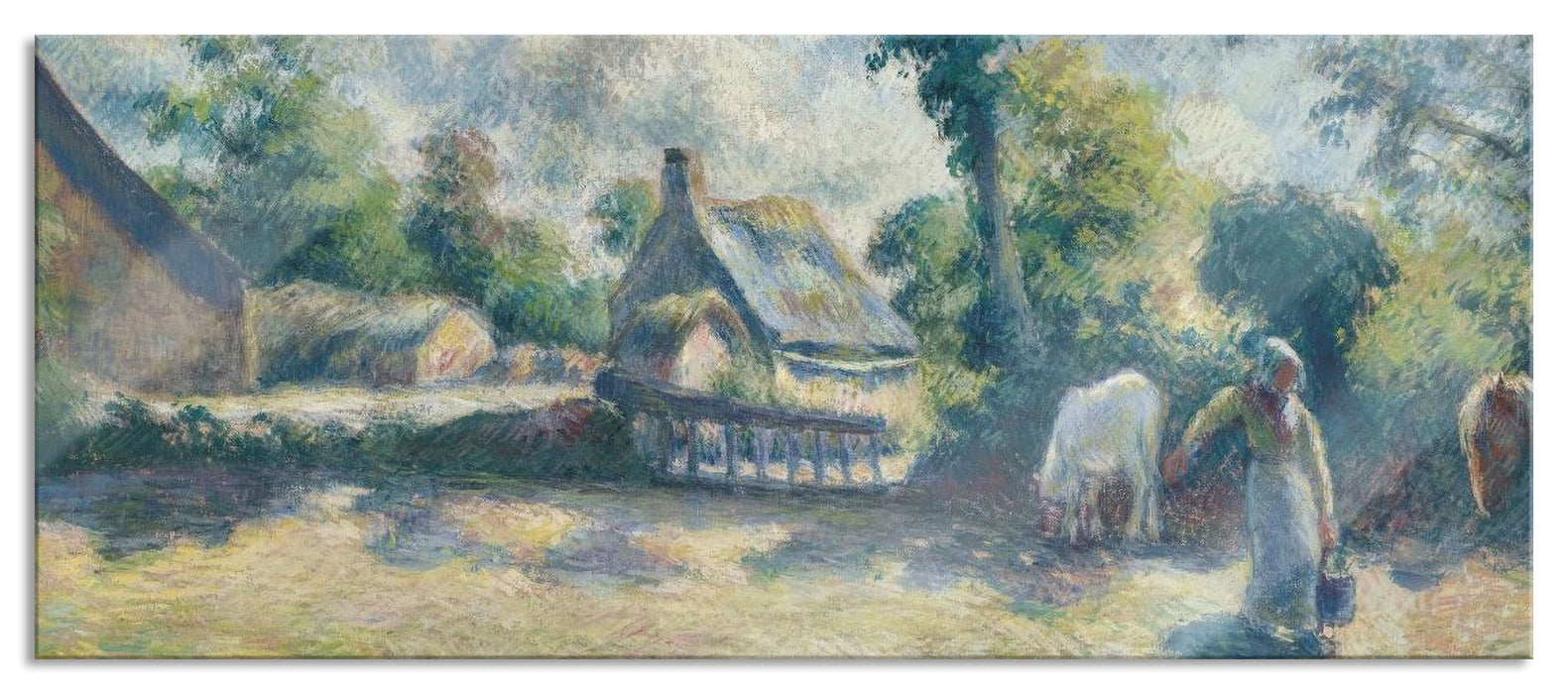 Pixxprint Camille Pissarro - PAYSAGE À MELLERAY FEMME DONNANT , Glasbild Panorama