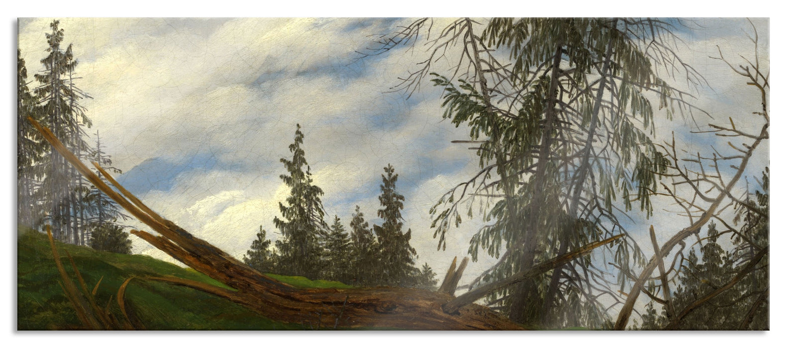 Pixxprint Caspar David Friedrich - Berggipfel mit ziehenden Wolke, Glasbild Panorama