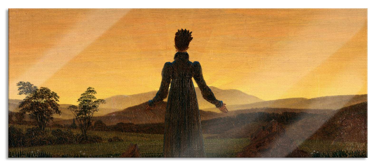 Pixxprint Caspar David Friedrich - Frau vor untergehender Sonne, Glasbild Panorama