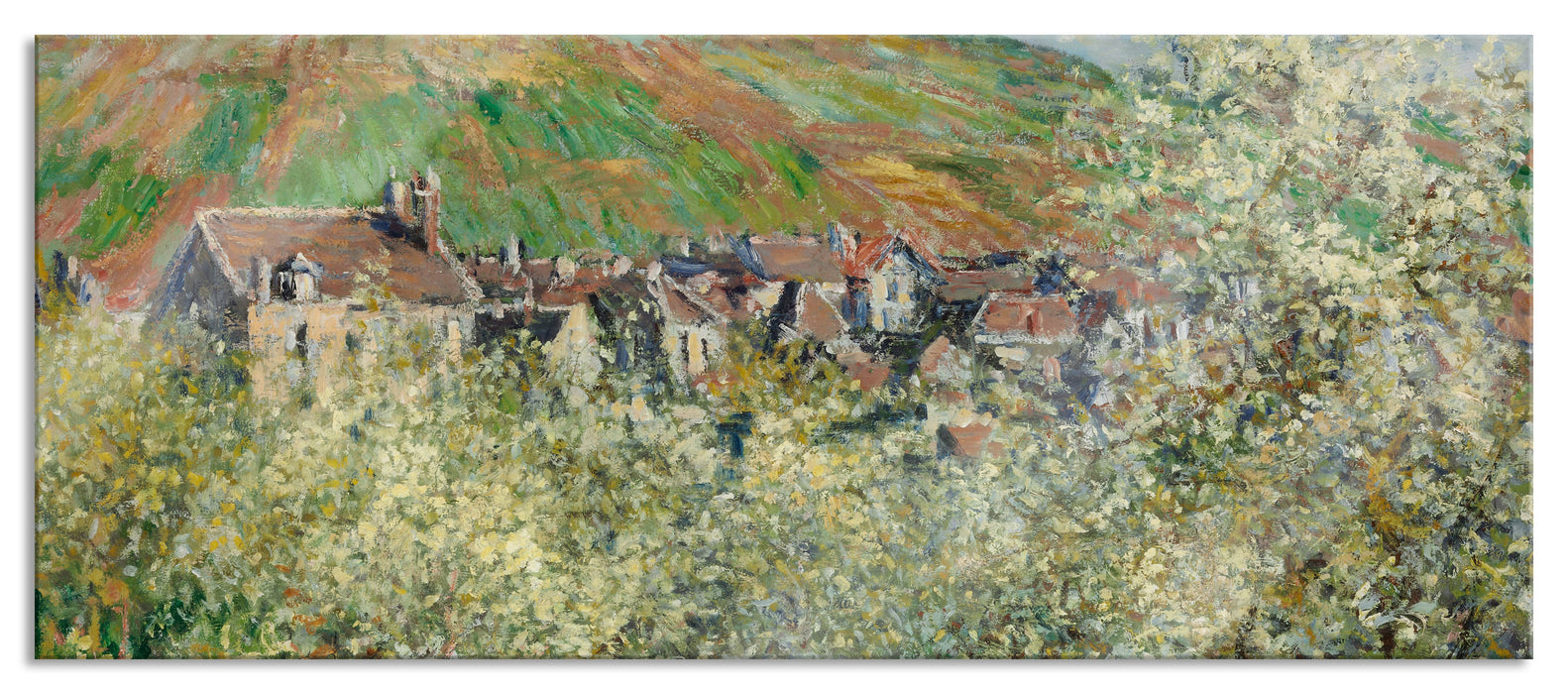 Pixxprint Claude Monet - Blühende Pflaumenbäume , Glasbild Panorama