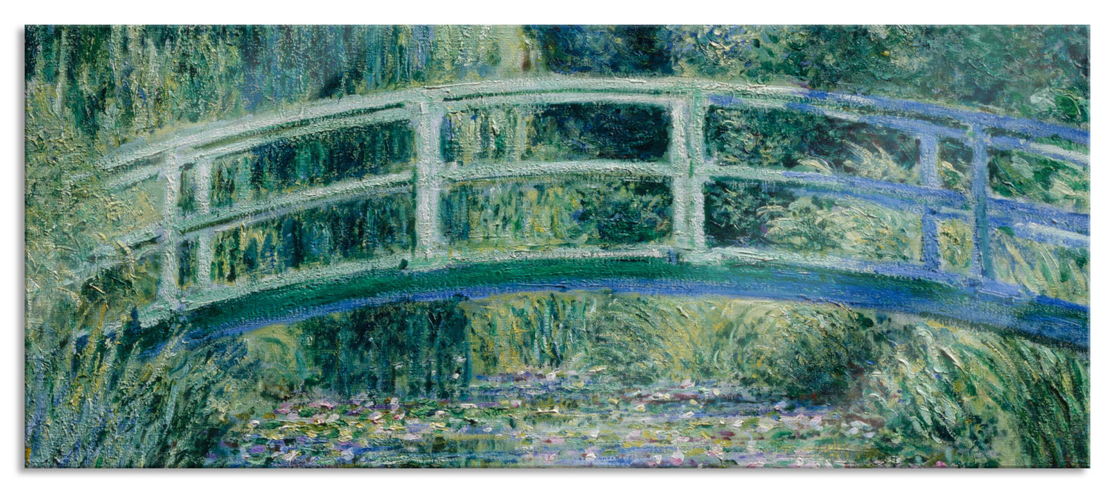 Pixxprint Claude Monet - Seerosen und japanische Brücke , Glasbild Panorama