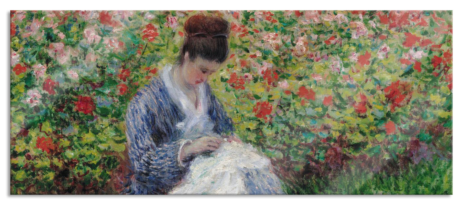 Pixxprint Claude Monet - Camille Monet und ein Kind im Garten des, Glasbild Panorama