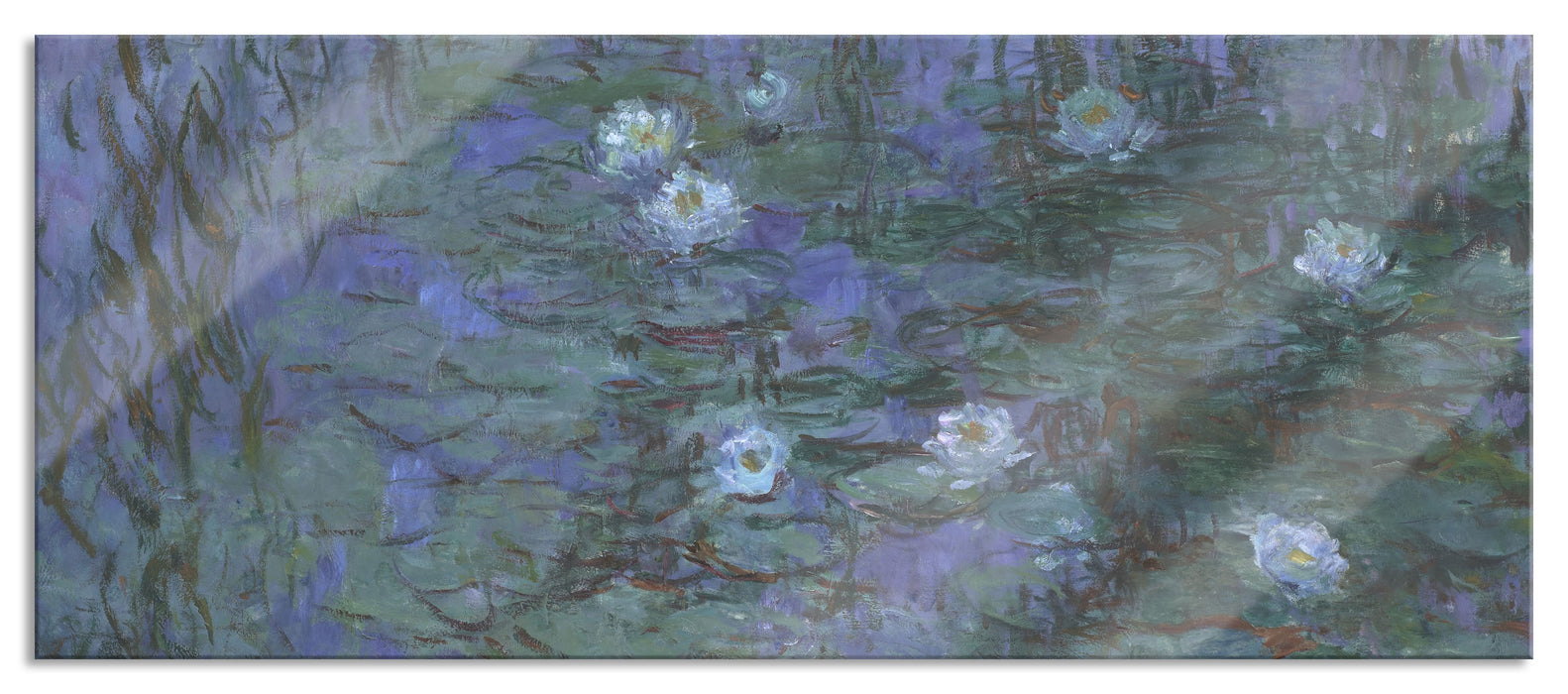 Pixxprint Claude Monet - Seerosen auf blaues Wasser , Glasbild Panorama