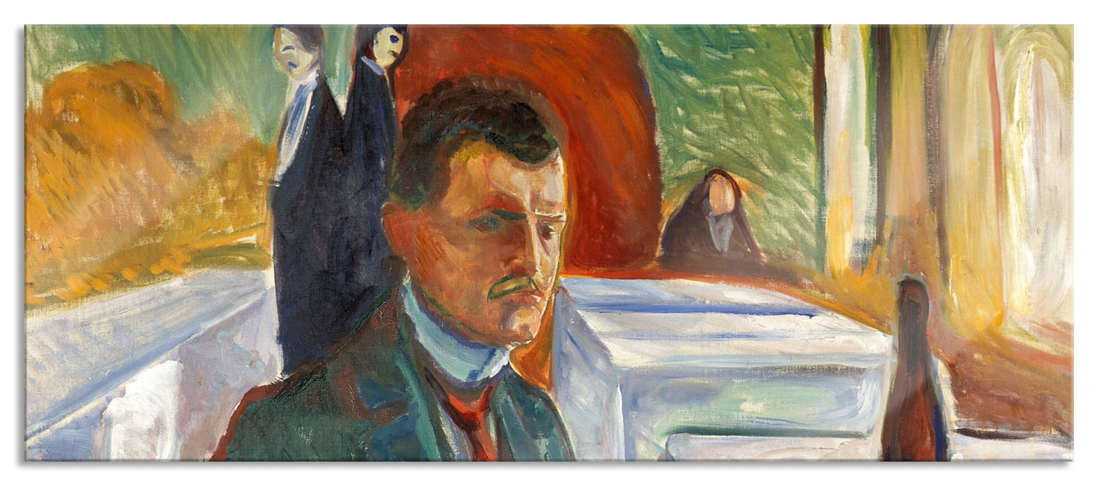 Pixxprint Edvard Munch - Selbstpotrait mit einer Flasche Wein , Glasbild Panorama