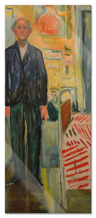 Pixxprint Edvard Munch - Selbstbildnis zwischen Uhr und Bett , Glasbild Panorama