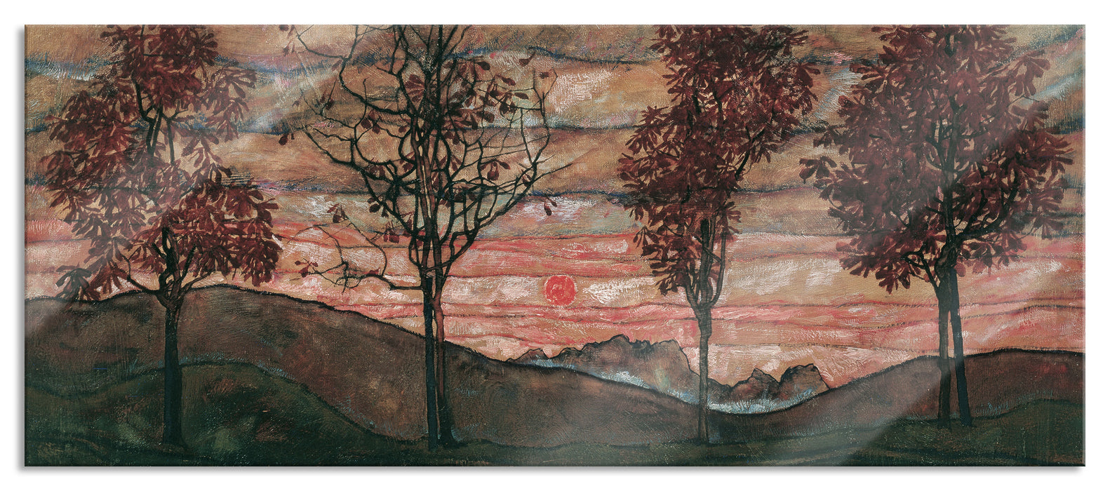 Pixxprint Egon Schiele - Vier Bäume, Glasbild Panorama