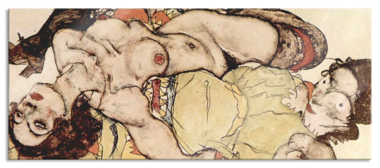 Pixxprint Egon Schiele - Sich liebende Frauen , Glasbild Panorama