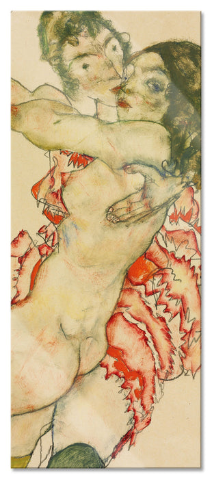 Pixxprint Egon Schiele - Zwei sich umarmende Frauen , Glasbild Panorama