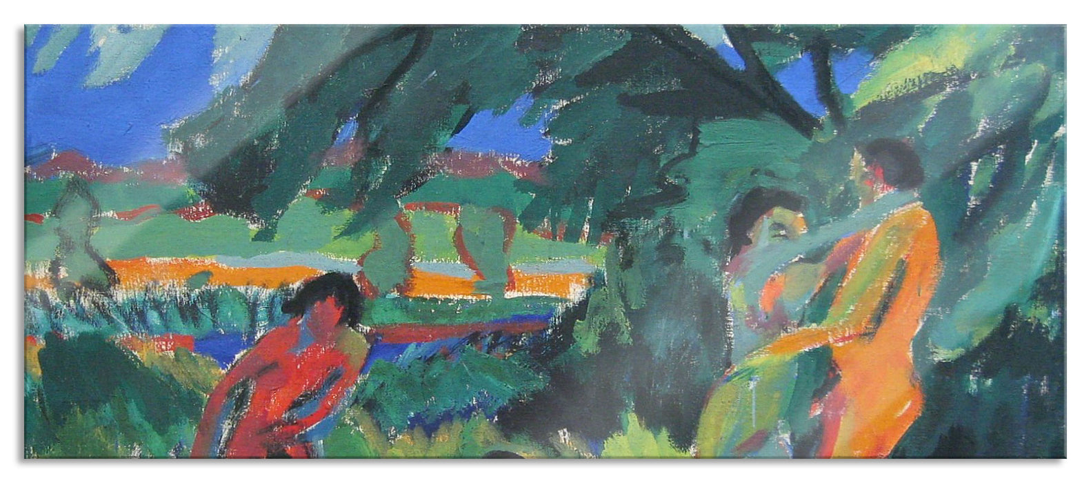 Pixxprint Ernst Ludwig Kirchner - Spielende nackte Menschen , Glasbild Panorama