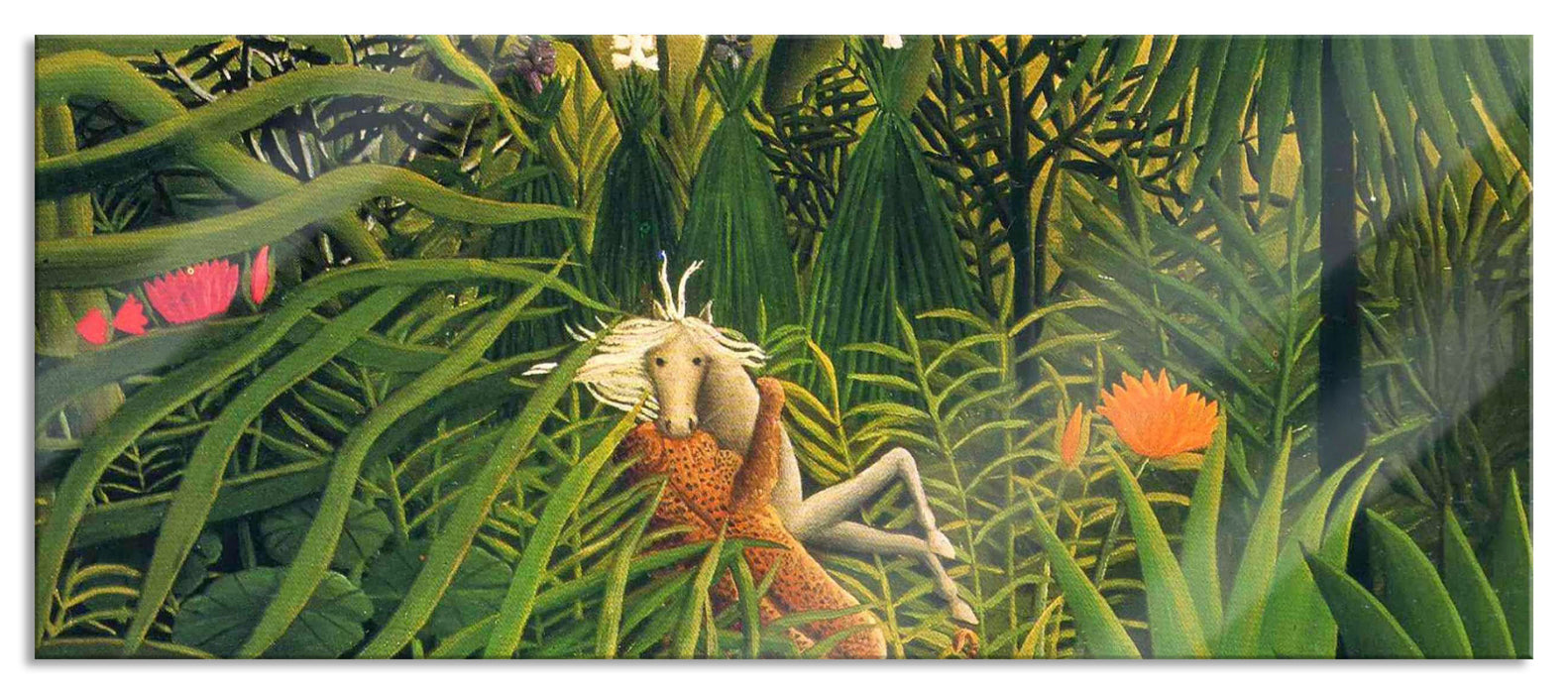 Pixxprint Henri Rousseau - Jaguar attackiert ein Pferd , Glasbild Panorama