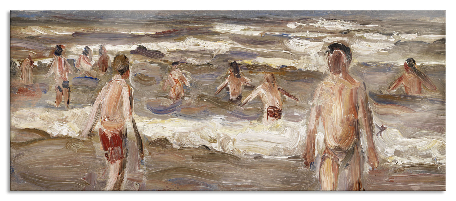 Pixxprint Max Liebermann - Badende Knaben im Meer, Glasbild Panorama