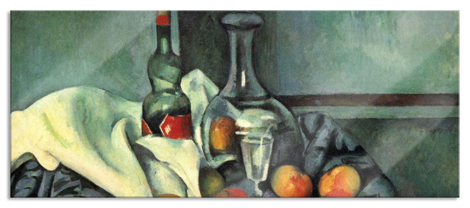 Pixxprint Paul Cézanne - Stillleben Pfefferminzflasche, Glasbild Panorama