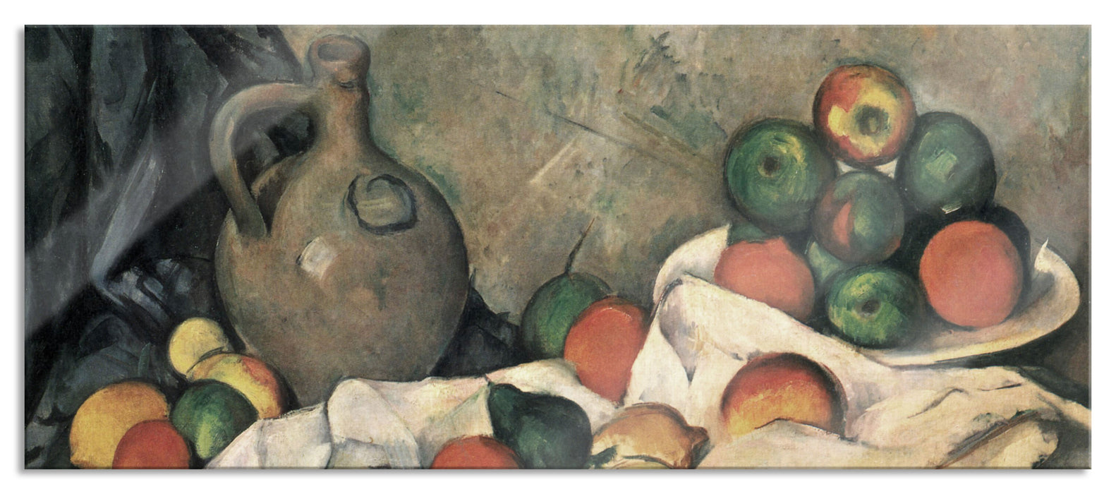 Pixxprint Paul Cézanne - Stillleben mit Vorhang Krug und Obstsc, Glasbild Panorama