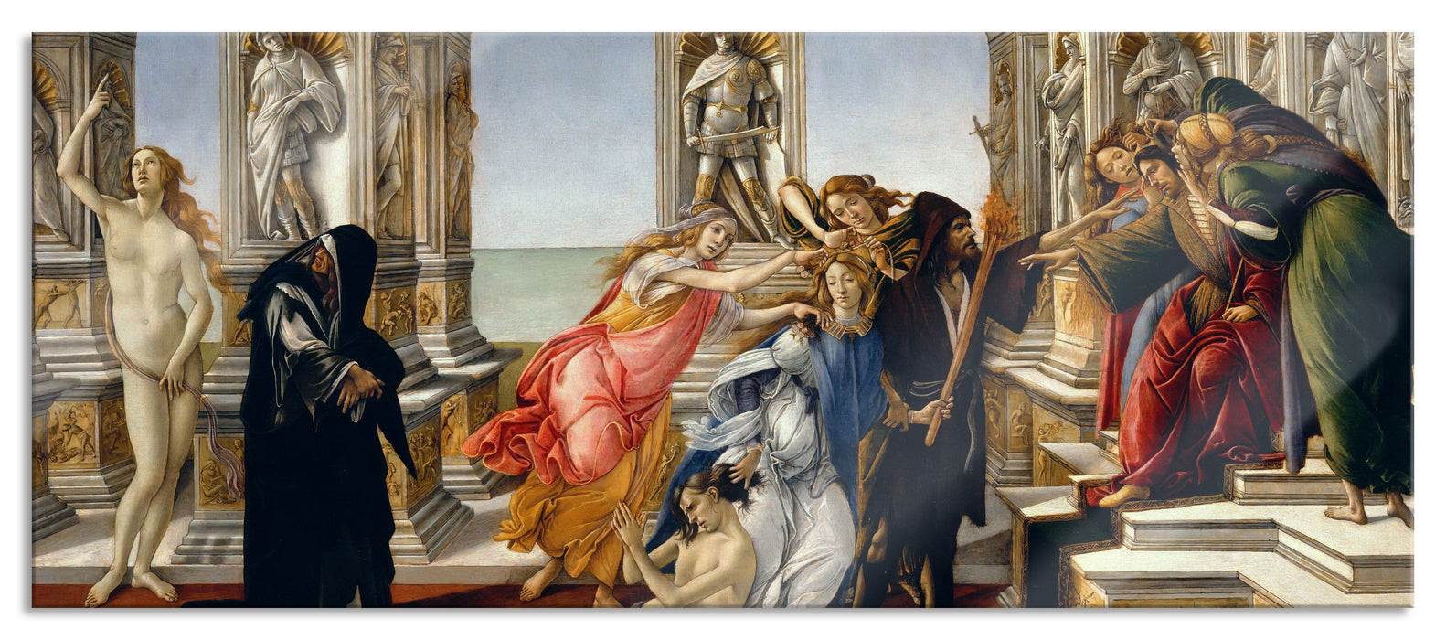 Pixxprint Sandro Botticelli - Die Verleumdung des Apelles , Glasbild Panorama