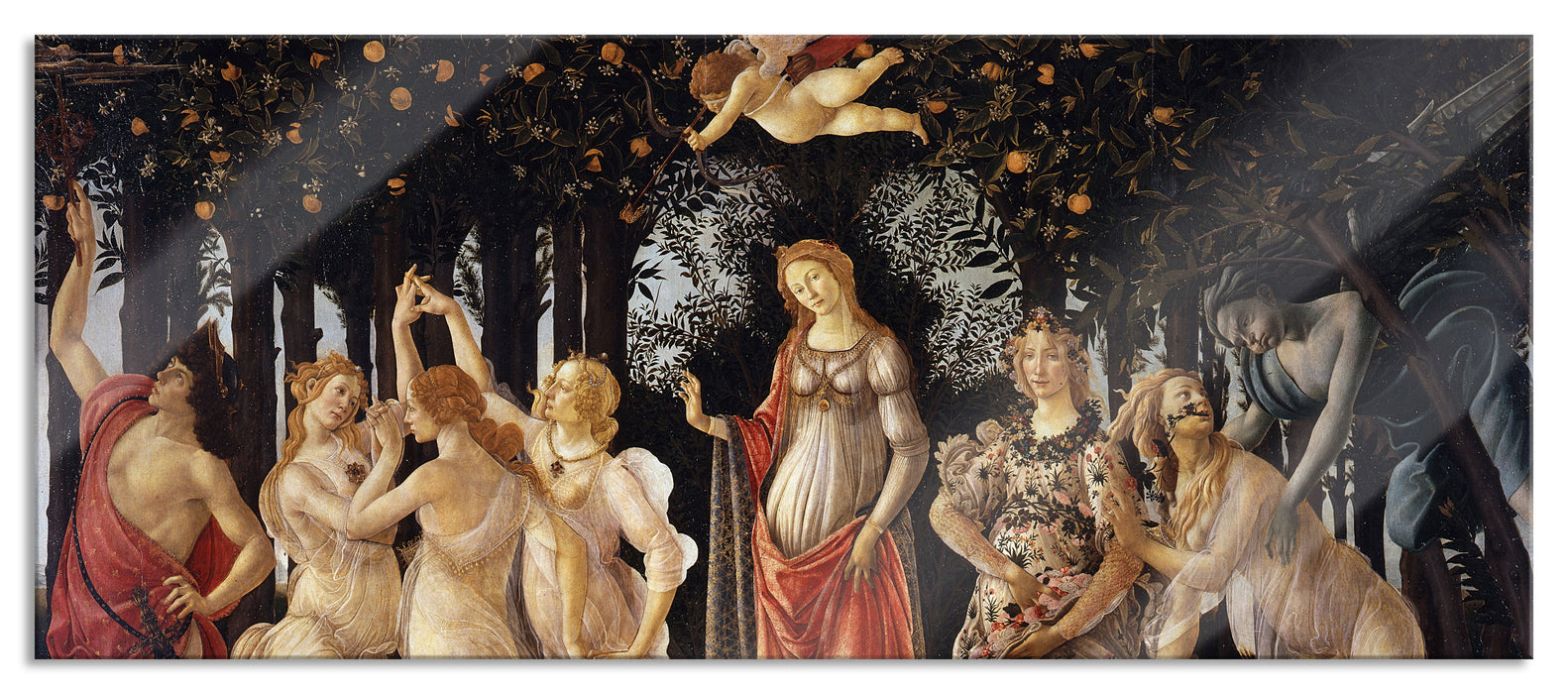 Pixxprint Sandro Botticelli - Frühling Primavera, Glasbild Panorama