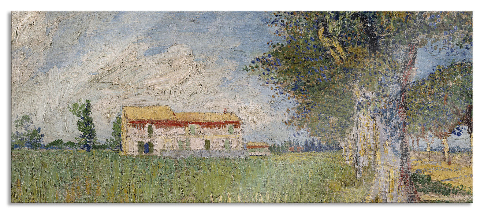 Pixxprint Vincent Van Gogh - Bauernhaus im Weizenfeld , Glasbild Panorama