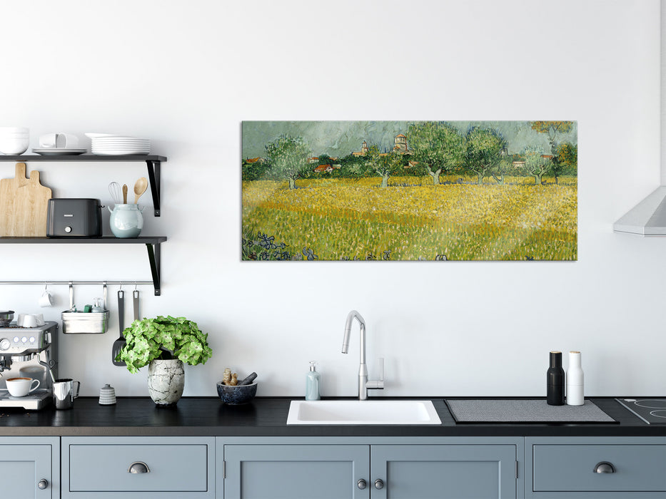 Vincent Van Gogh - Feld mit Blumen in der Nähe von Arle, Glasbild Panorama