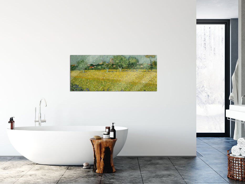 Vincent Van Gogh - Feld mit Blumen in der Nähe von Arle, Glasbild Panorama