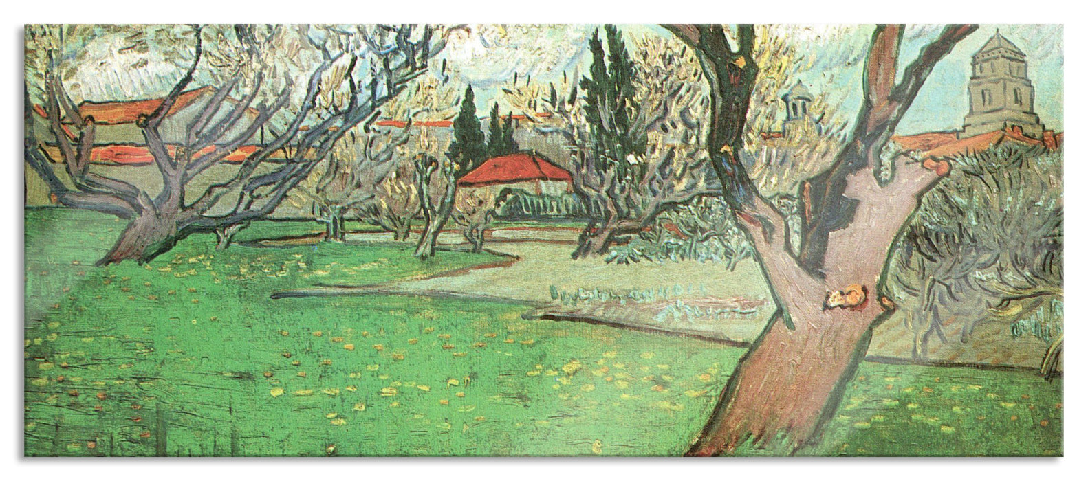 Pixxprint Vincent Van Gogh - Blühende Obstgärten Blick auf Arles, Glasbild Panorama