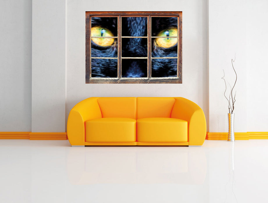Schwarze Katze mit gelben Augen 3D Wandtattoo Fenster Wand