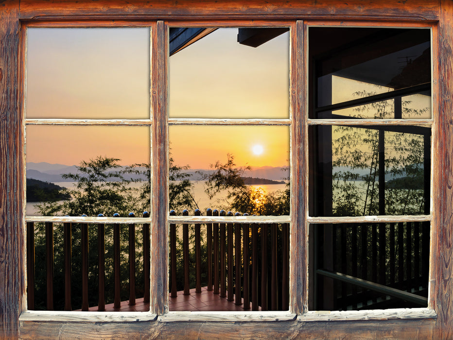 Haus am See bei Sonnenuntergang  3D Wandtattoo Fenster