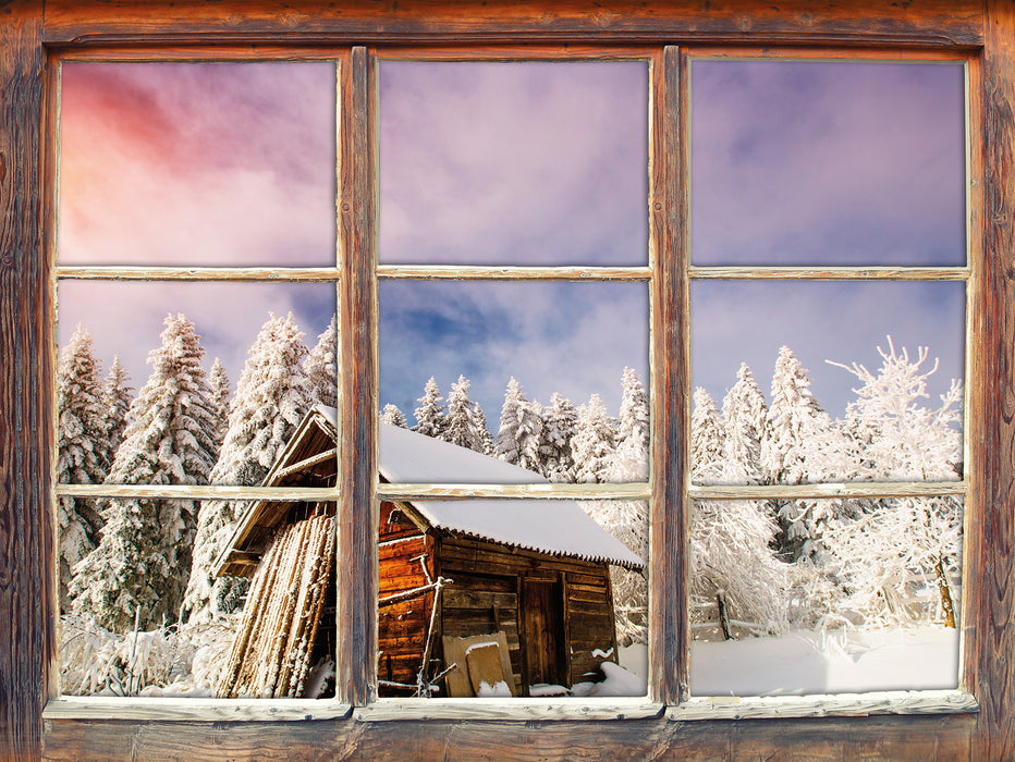 Holzhütte im Schnee  3D Wandtattoo Fenster