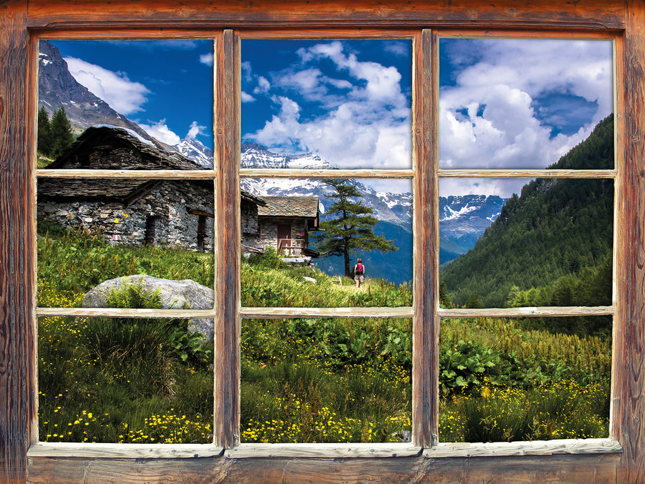 Wunderschöne Berghütte  3D Wandtattoo Fenster