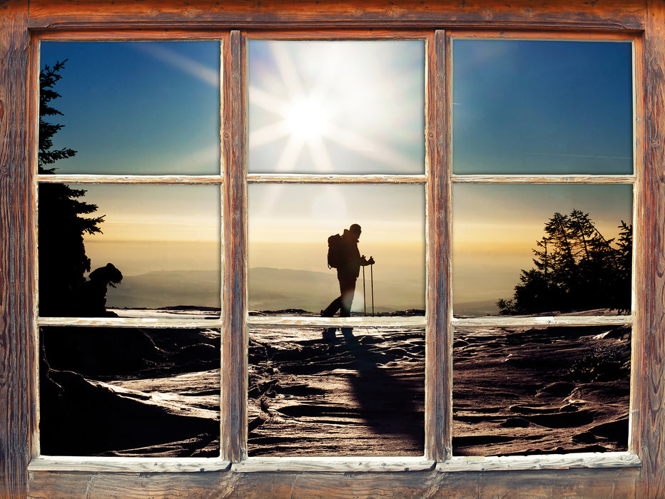 Wintersport Sonnenuntergang Ski  3D Wandtattoo Fenster