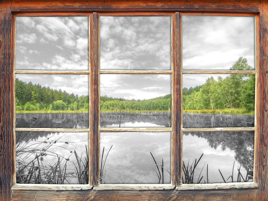 traumhafter See in grünem Wald 3D Wandtattoo Fenster