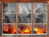 brennende Holzkohle in Kamin 3D Wandtattoo Fenster