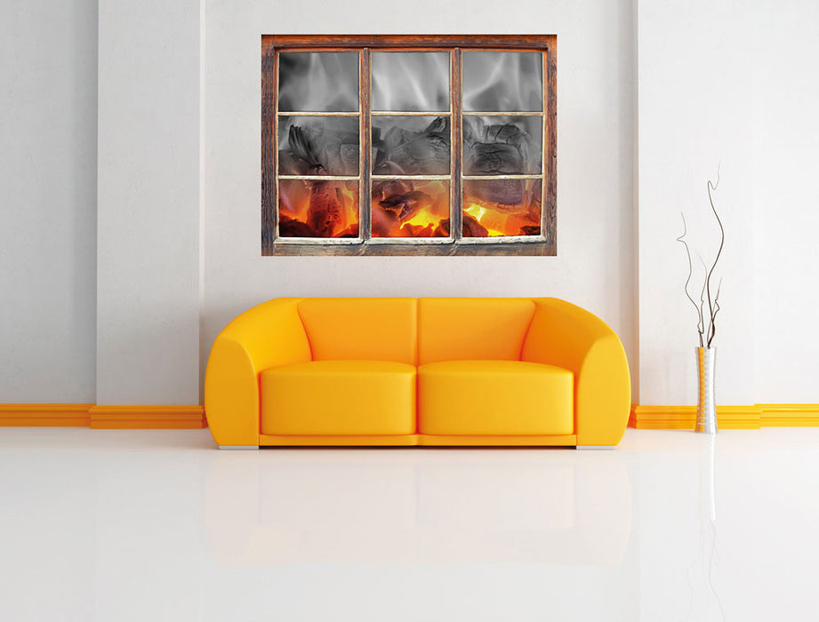 brennende Holzkohle in Kamin 3D Wandtattoo Fenster Wand
