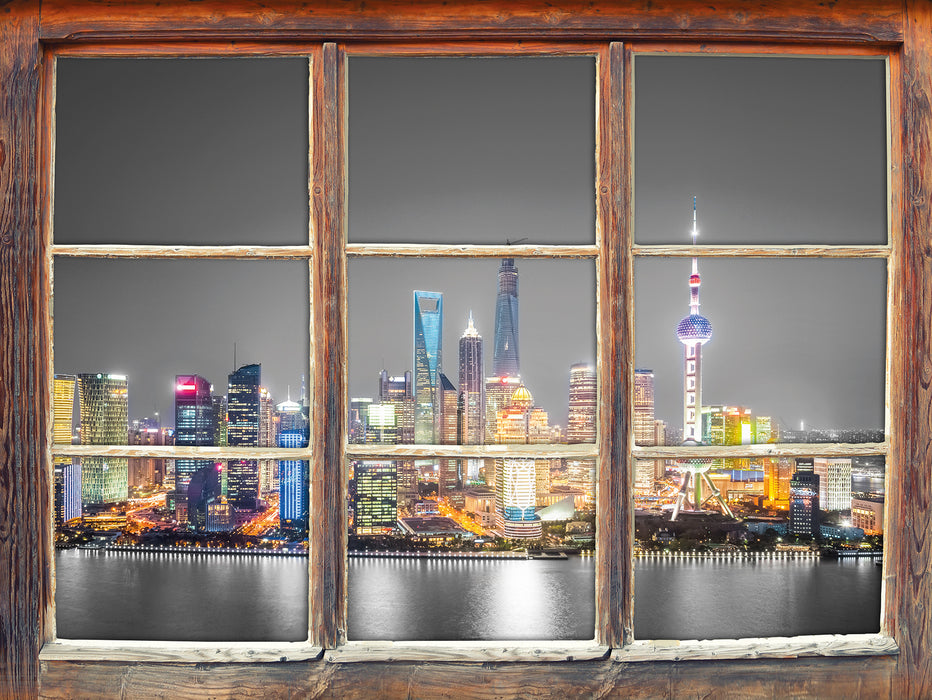 Shanghai Skyline bei Nacht 3D Wandtattoo Fenster