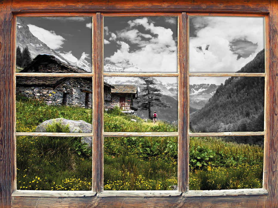 Steinhütte auf Berg 3D Wandtattoo Fenster