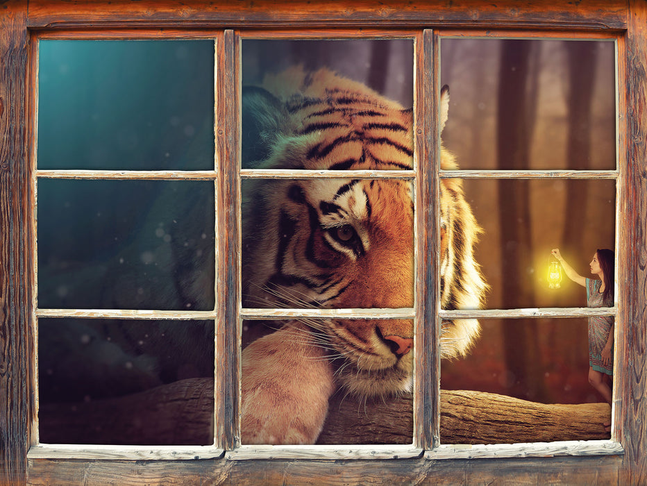 Eine Frau und ein Riesen-Tiger  3D Wandtattoo Fenster