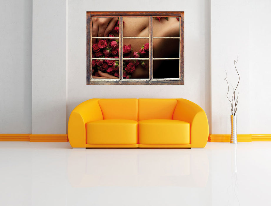 weiblicher Körper mit Rosen Blumen 3D Wandtattoo Fenster Wand