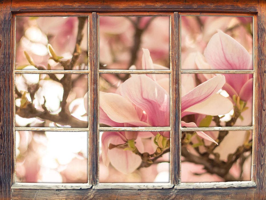 Rosa Magnolienblüten im Frühling 3D Wandtattoo Fenster