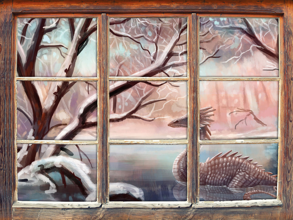 Drache im schneebedeckten Wald  3D Wandtattoo Fenster