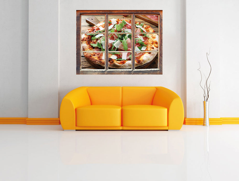 Prosciutto Pizza auf Holztisch 3D Wandtattoo Fenster Wand
