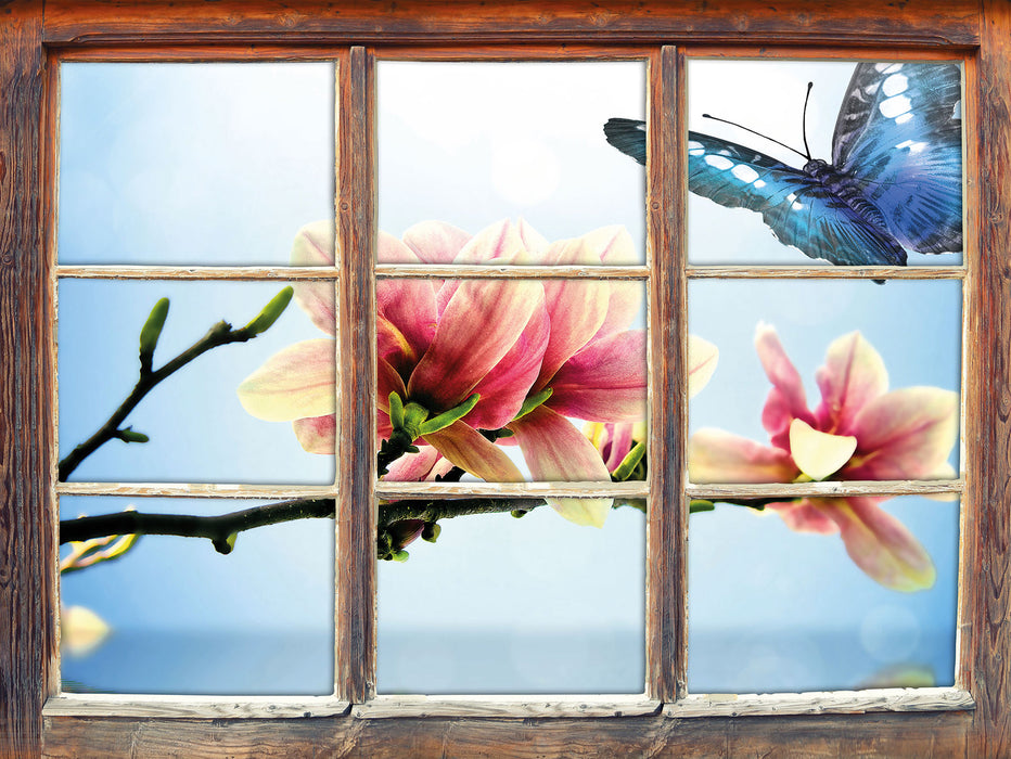 Schmetterling mit Magnolien-Blüte 3D Wandtattoo Fenster