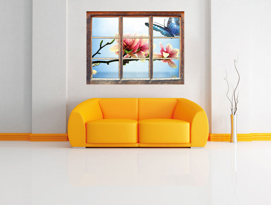 Schmetterling mit Magnolien-Blüte 3D Wandtattoo Fenster Wand