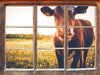 Kuh auf Blumenwiese 3D Wandtattoo Fenster