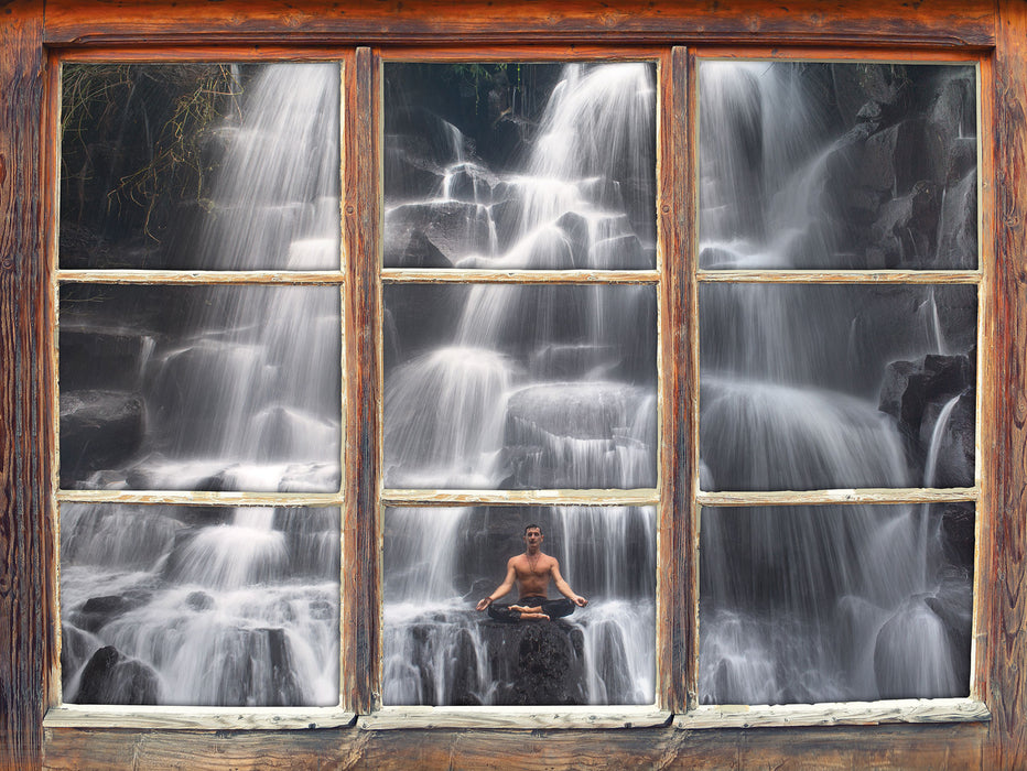Yoga am Wasserfall in Bali  3D Wandtattoo Fenster